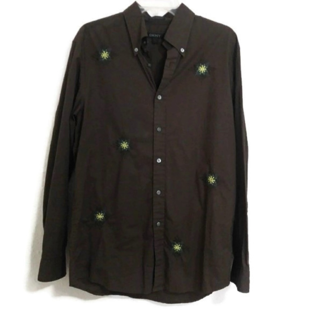 EUC DKNY Button Down Embroidered Shirt Brown L